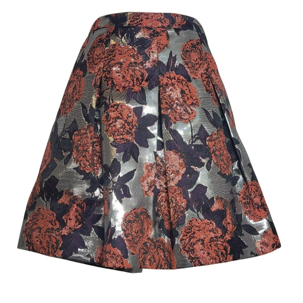 J.Crew Skirt,Women 4, Metallic Silver w/Purple & Red Floral, Box Pleat, Mini,GUC